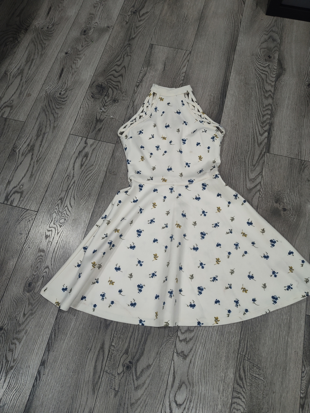 No Boundaries White Floral Halter Skater Dress with Blue & Gold Flowers